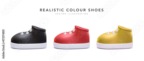 Set of 3d realistic sneakers in different colors isolated on white background. Vector illustration
