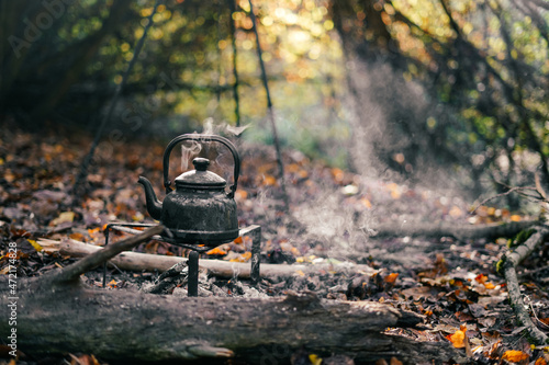 Old kettle in bushcraft camping