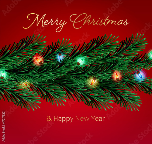 Christmas tree realistic branches decorated with garland lights. Holiday background or card with season wishes