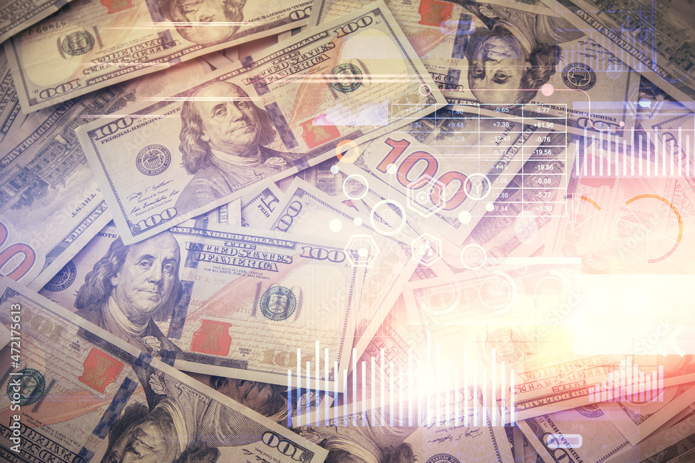 Double exposure of data theme drawing over us dollars bill background. Technology concept. Double exposure of data theme drawing over us dollars bill background. Technology concept.