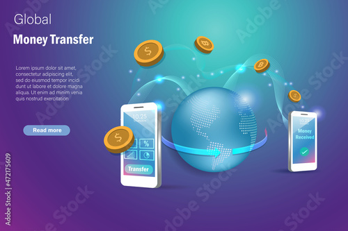 Global money transfer via banking application on smartphone. Globe and smart device online connecting doing payment transection in futuristic background.