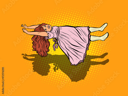 Little girl levitating, magic and sorcery. The devil horrors nightmares