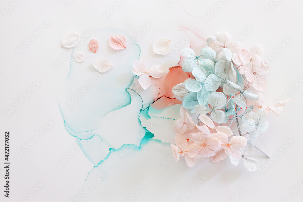 Fototapeta premium Creative image of pastel blue and pink Hydrangea flowers on artistic ink background. Top view with copy space