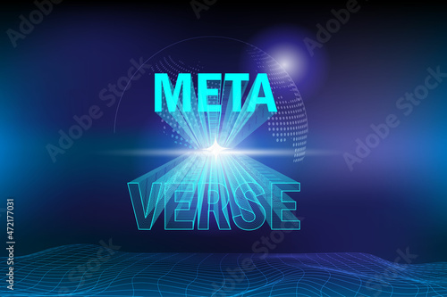 Metaverse, virtual reality, augmented reality and blockchain technology, user interface 3D experience. Word metaverse in futuristic environment universe background.