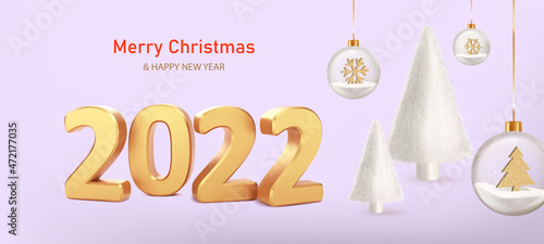 Happy New Year 2022. Numbers 2022 with fur balls and white fur Christmas trees on lilac background. Trendy Xmas background with glass balls, glitter golden confetti. Realistic vector illustration