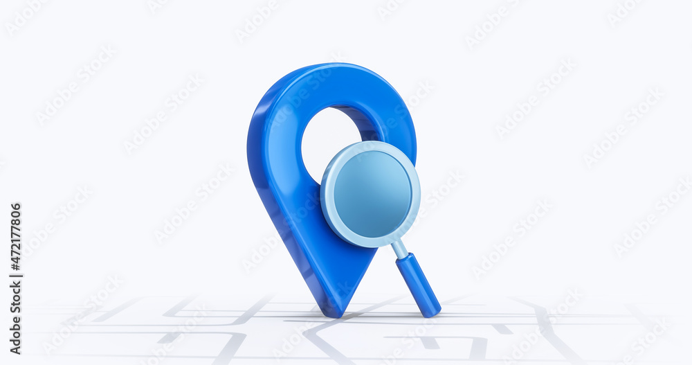 Fototapeta premium Find location of road map gps or travel navigation pin sign and search direction icon symbol place point marker isolated on white street route 3d background with global position navigator destination.
