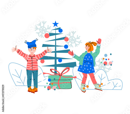 Happy children receive gifts for Christmas. Children celebrating Christmas or New Years holiday, cartoon flat vector illustration isolated on white background. Boy and girl in winter near fir tree.