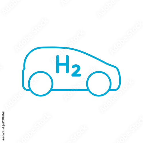 Blue hydrogen fuel car line icon. Fuel cell vehicle. Sustainable alternative energy concept. H2 powered transportation. Futuristic hydrogen dioxide electric automobile. Vector illustration, outline. 