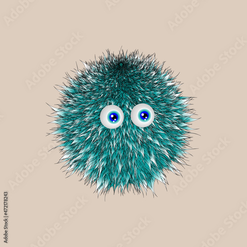 Green creative fluff with eyes. Cartoon character. Illustration