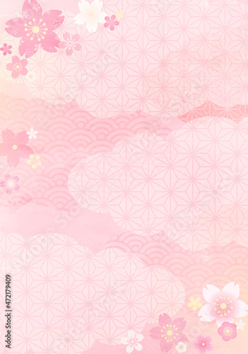春の和柄と桜と雲のパステルなベクターイラスト背景 © Honyojima