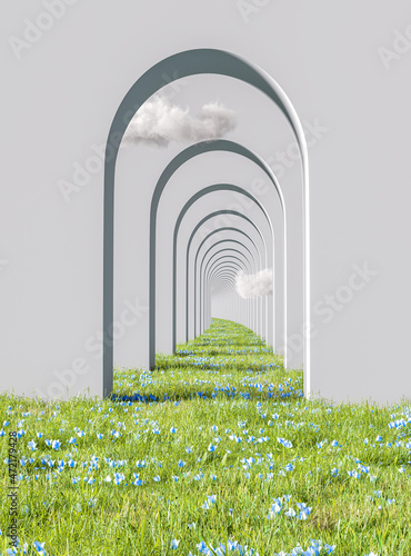 Fototapeta Naklejka Na Ścianę i Meble -  3d rendering. Arch hallway simple geometric background, architectural corridor, portal, arch columns inside empty wall and green land with floowers