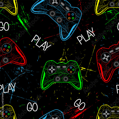 abstract pattern for guys with multicolored grunge joysticks and text