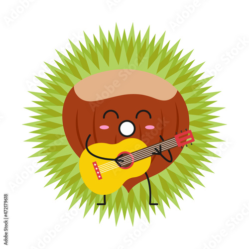Chestnut edible plays the guitar sings cute character cartoon emotions joy happy smiling face nut icon beautiful vector illustration.