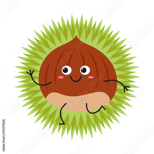Chestnut edible running cute character cartoon emotions joy happy smiling face nut icon beautiful vector illustration.