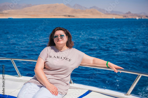 Plus size lady at vacation, Holidays and enjoy the life, concept of mature women life, Body positive 