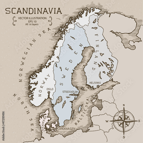 Vintage Map of Scandinavia. Hand drawn vector illustration.