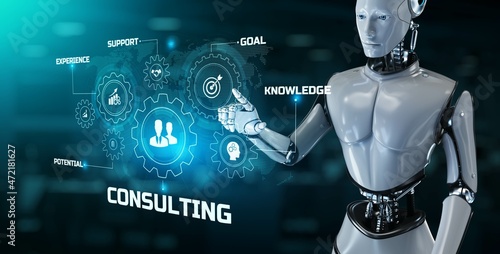 Consulting business concept. Robot pressing button on screen 3d render.