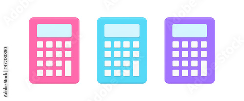 Multicolored set modern calculators with buttons and display fast counting numbers 3d icon template