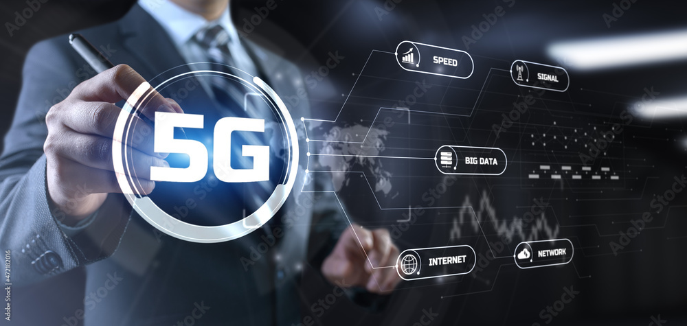 Fototapeta premium 5G High-speed internet connection concept. Businessman pressing button on screen.