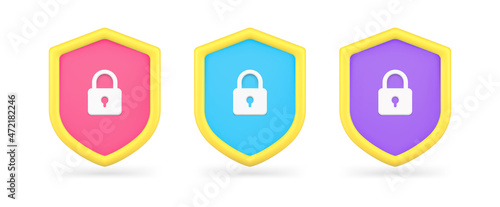 Multicolored collection protective security shields for safety information finance 3d icon vector