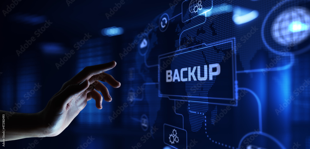 Naklejka premium Backup Disaster recovery. Hand pressing button on screen.