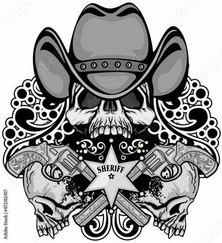 skull with a cowboy hat and a guns,  grunge vintage design t shirts