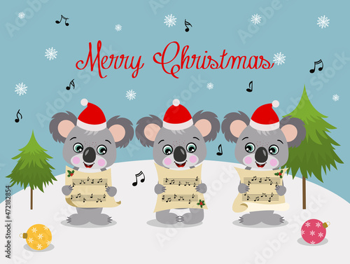 Three cute koalas chorus singing Christmas songs

