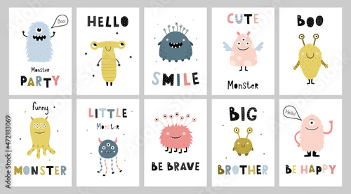 A big set of posters with cute cartoon monsters. Funny characters with hand-drawn inscriptions. Vector illustration for the design of a children's room, nursery clothing, T-shirt print