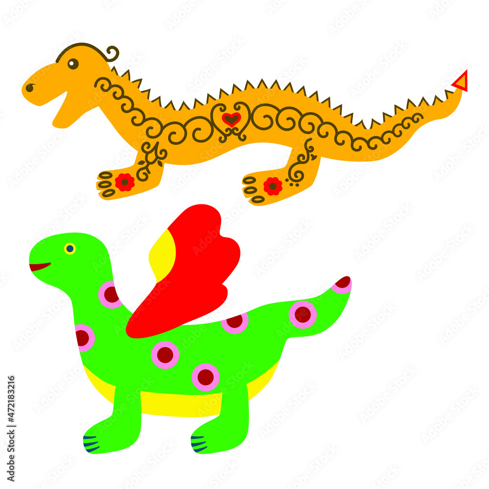 Fototapeta premium Two multicolored dragons, a dragon with wings and a dragon with a crest on its back