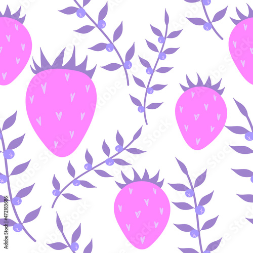 Cute pattern with strawberries, berries, leaves and hearts. Delicate pink and white background for textiles, wallpapers.