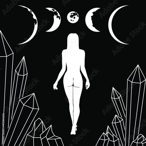 Frau Silhouette: Rückenansicht. Mondphase und magische transparente Kristalle