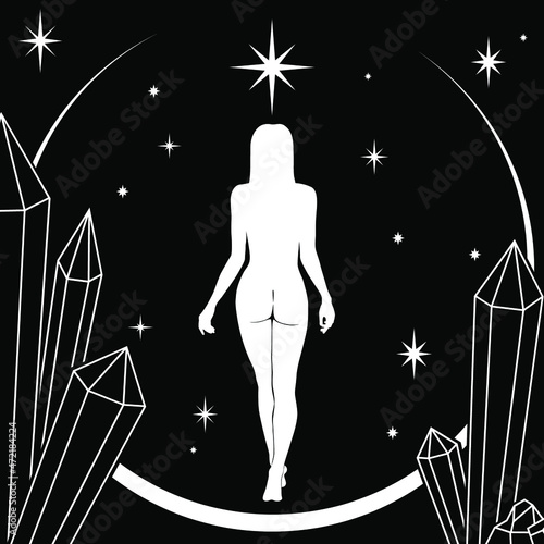 Silhouette einer Frau mit Rückenansicht. Sternenhimmel, Mondsichel und magische transparente Kristalle