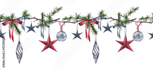 Christmas festival seamless border with modern ornament. Grey-red baubles, ribbons and stars on green pine branch. Winter holiday decor. Watercolor hand painted isolated element on white background.