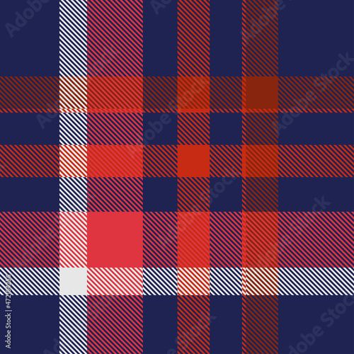 Seamless plaid pattern in red, white and navy. All over classic fabric print. 
