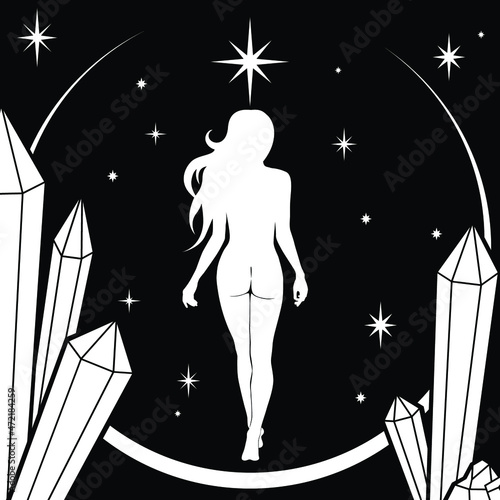 Frauensilhouette mit Rückenansicht und welligem Haar. Sternenhimmel und magische weiße Kristalle