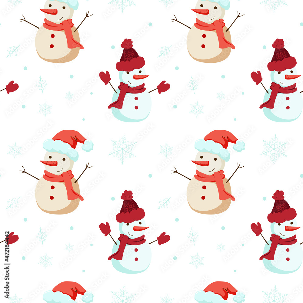 Seamless winter pattern of cute snowmen in Santa hats and snowflakes. Vector illustration for background, decor, fabrics and postcards