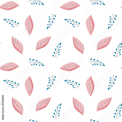 Seamless romantic pattern with pink leaves and twigs. Vector endless texture with floral elements on white background