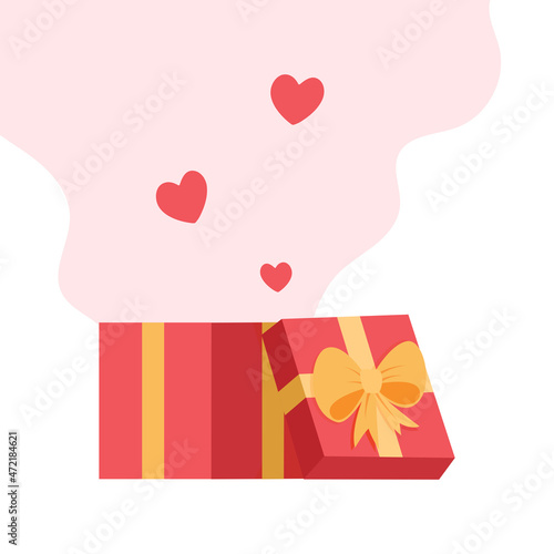 Opened gift box with a bow and a flying one with flying out hearts. The season of giving. Vector illustration in flat style