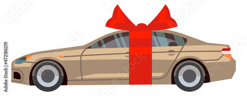 Car with red ribbon gift bow. Present icon