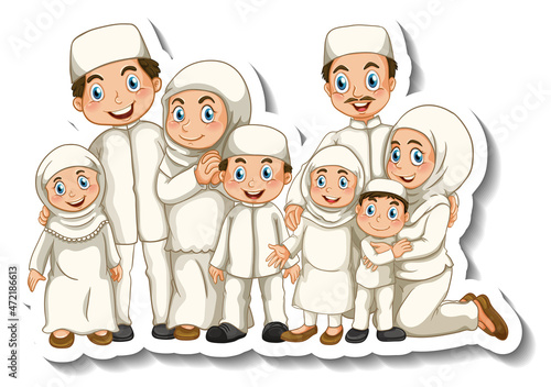Sticker template with Muslim family cartoon character