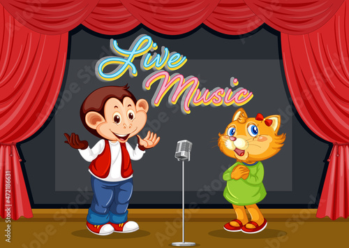 Cat and monkey performing singing on stage