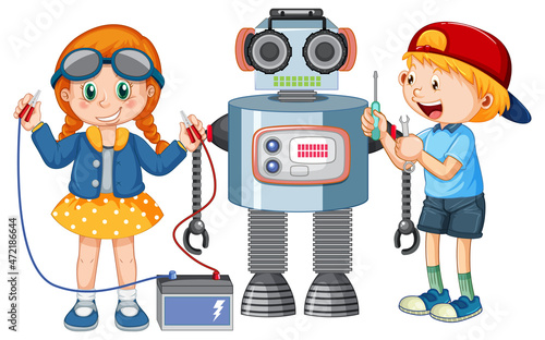Children fixing a robot together
