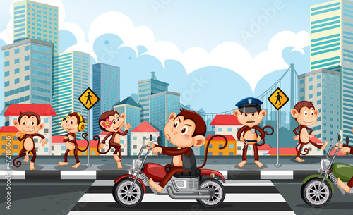 Street in the city scene with many monkeys