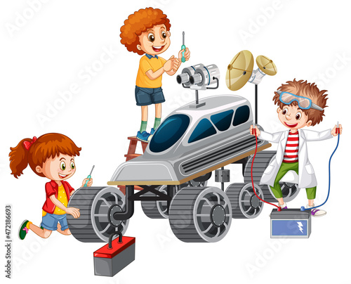 Children fixing satellite together on white background