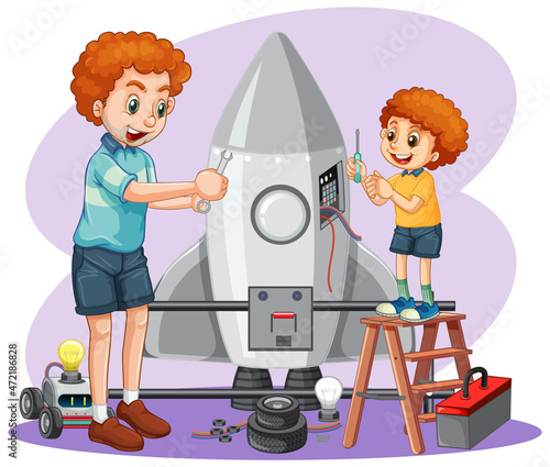 Children fixing a rocket together on white background