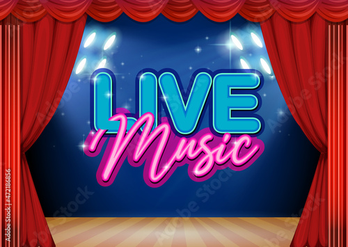Live Music Banner with Stage Red Curtains
