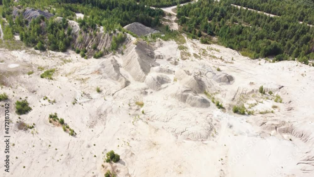 Rock dumps of ilmenite quarry and blue lake, aerial view Rock dumps of ilmenite quarry and blue lake, aerial view