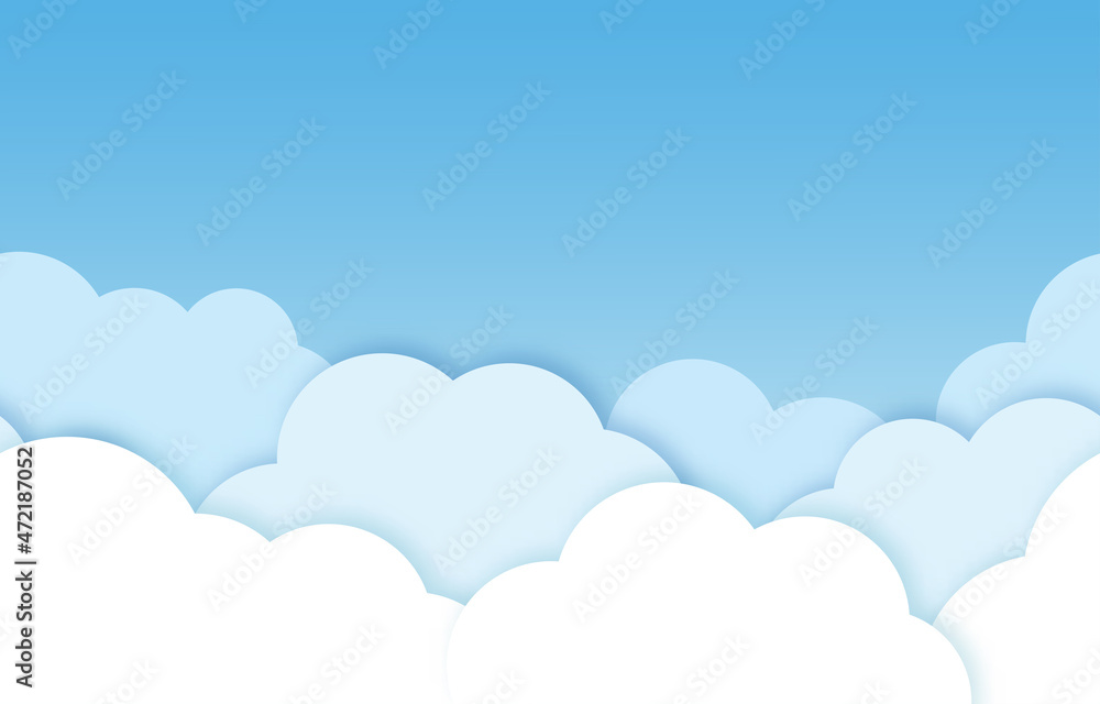 Seamless Pattern blue sky with white and soft blue pastel cloudscape 3d paper cut.