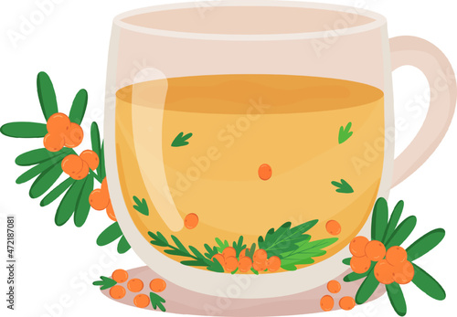 Sea buckthorn tea. Cup of tea with sea buckthorn, mint leaves in transparent cup with floral decoration. Berry tea. Hot drink. Health care. Vector illustration on white background.