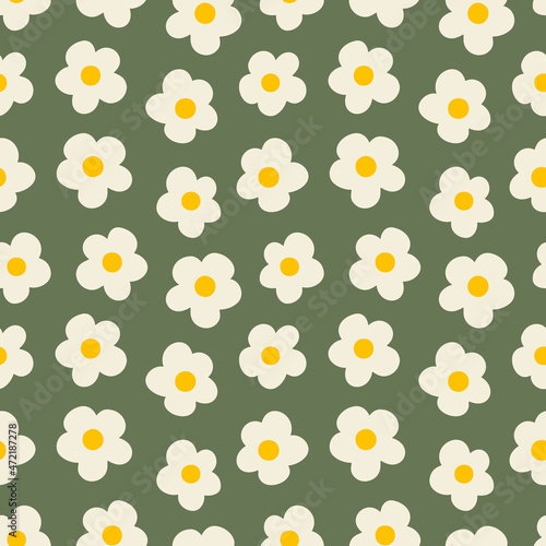 Floral daze ditsy daisy seamless repeat pattern. Retro, vector botany millefleurs all over surface print on sage green background.